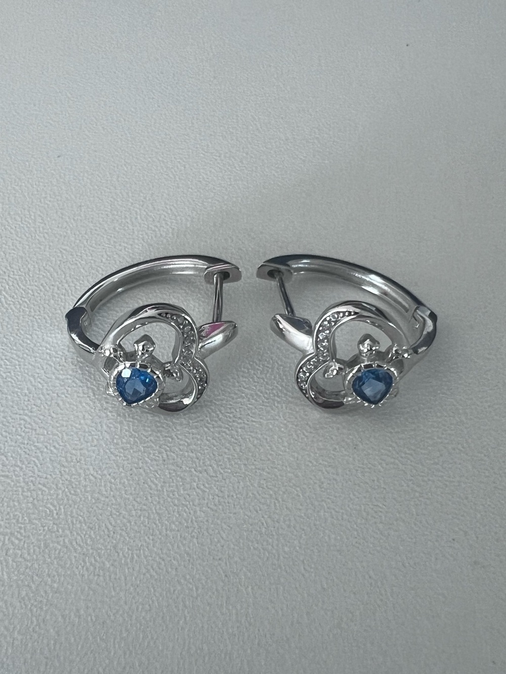 NWOT Sterling Silver Heart & Turtle Hoop Earrings with Blue Stone